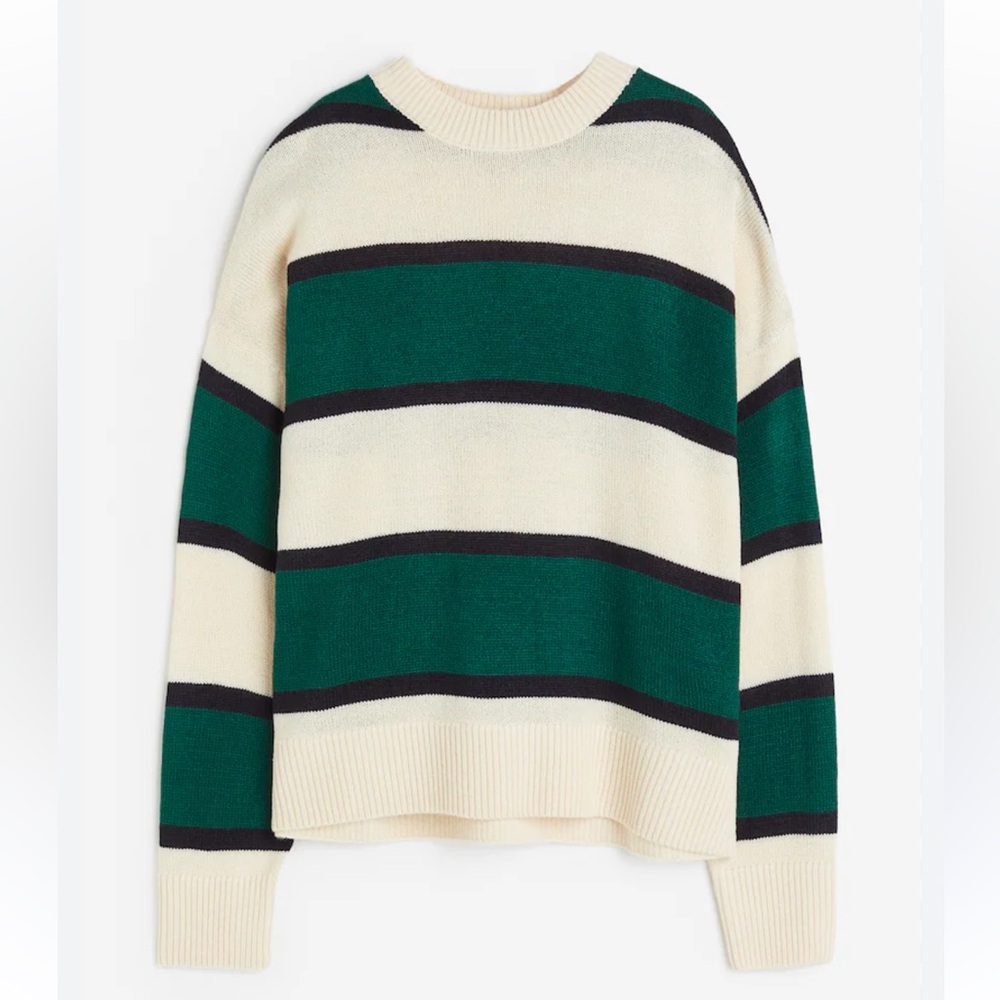 3/$30 - H&M DIVIDED - Green and Cream Beige Striped Sweater